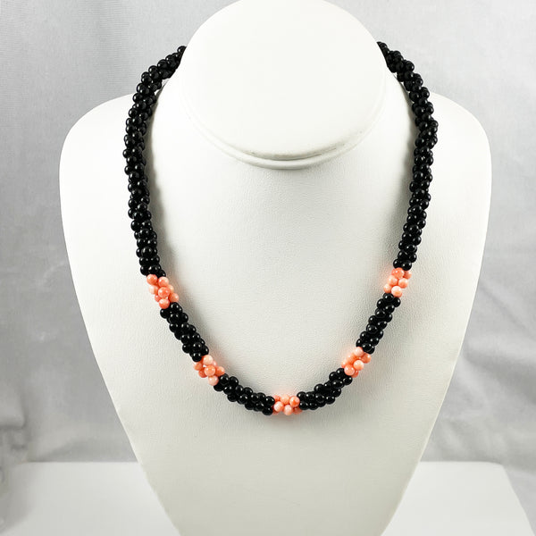 Vintage Black & Pink Coral Necklace Multi-Strand - Estate Beads