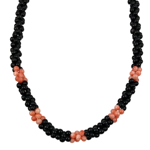 Vintage Black & Pink Coral Necklace Multi-Strand - Estate Beads