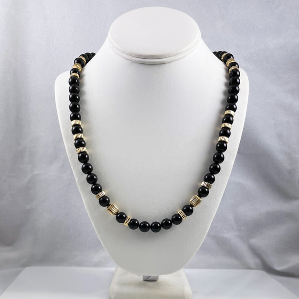 Black Onyx & Gold Beaded Necklace Opera - Estate Beads & Jewelry
