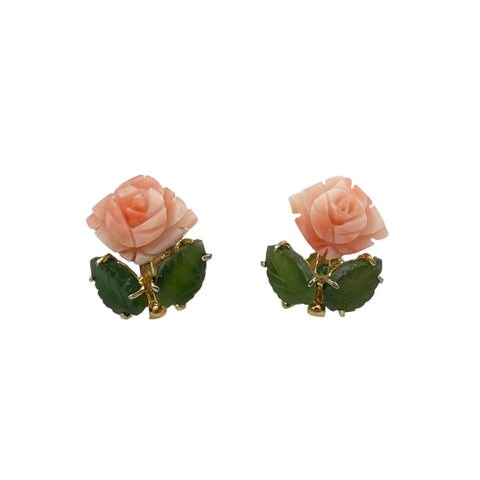 Carved Pink Coral & Jade Gold Earrings