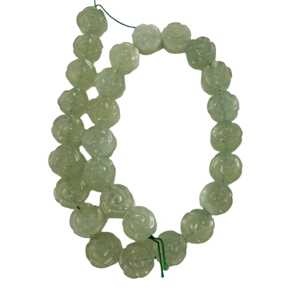 Carved Green Serpentine Flower Beads 14mm- Vintage