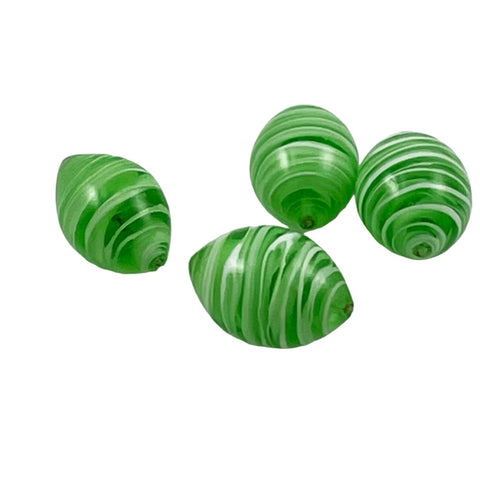 Lime Green & White Striped Lamp Work Oval Beads 22mm
