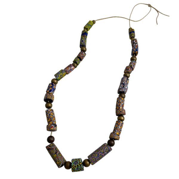 African Millefiori Trade Bead & Brass Necklace Vintage - Estate