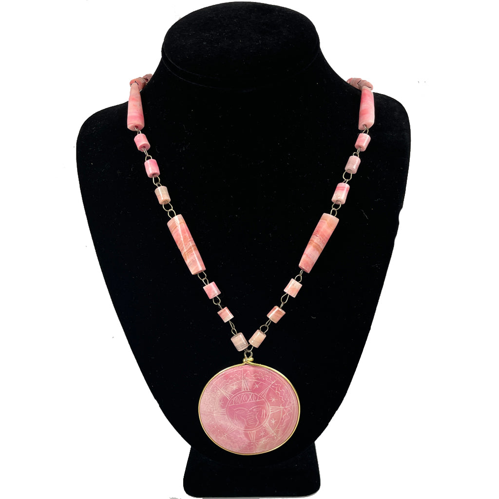 Mexican Pink Onyx Sun Pendant Necklace 1950's