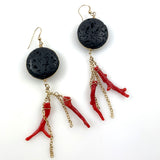 Red Branch Coral & Black Lava Earrings Gold Filled