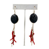 Red Branch Coral & Black Lava Earrings Gold Filled