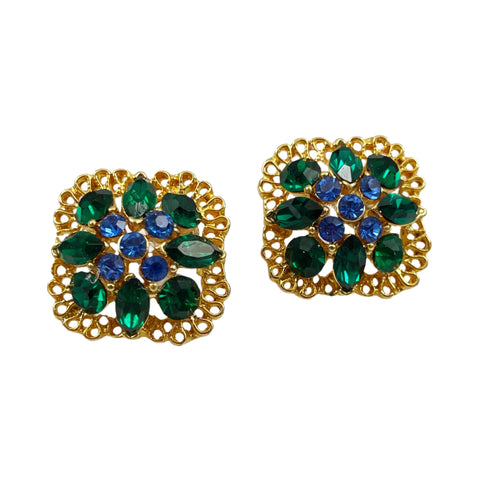 Green and Blue Rhinestone Gold Earrings