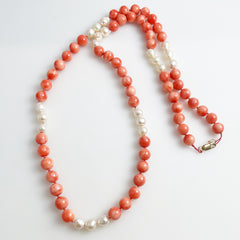 Salmon Pink Coral & Freshwater Pearl 14K Gold Necklace