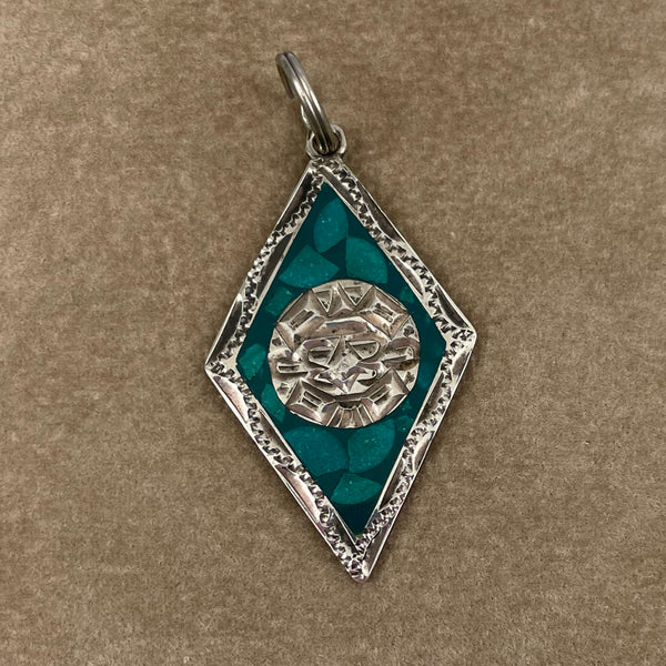 Sterling & Turquoise Mexican Aztec Pendant 1950's - Estate Beads