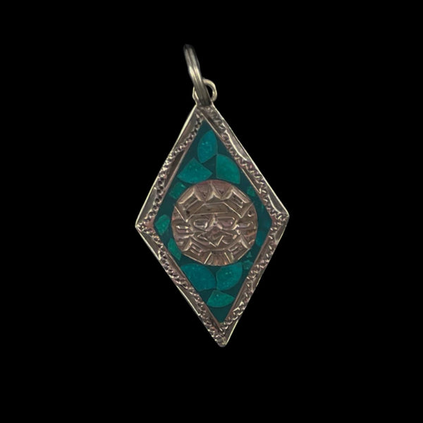 MexicanJewelry Marquetry Turquoise ペンダント Sterling & Turquoise Mexican Aztec Pendant 1950's - Estate Beads