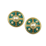 Turquoise Enamel & Pearl Clip On Earrings Vintage