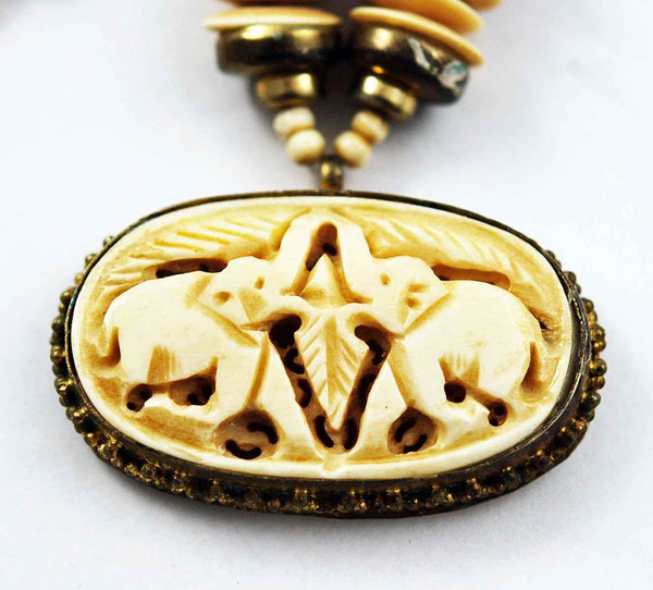 Ivory Necklace Carved Bone Elephant Necklace Vintage Necklace 50s