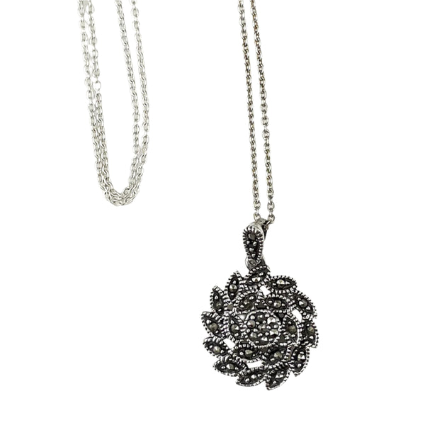 Sterling Silver Marcasite Pendant Necklace Estate Beads Jewelry