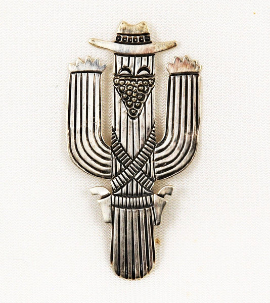 Broche Ancienne Sterling 925 Navajo - Motif Cactus Découpé - Style Amérindien Rétro (1935-1950)