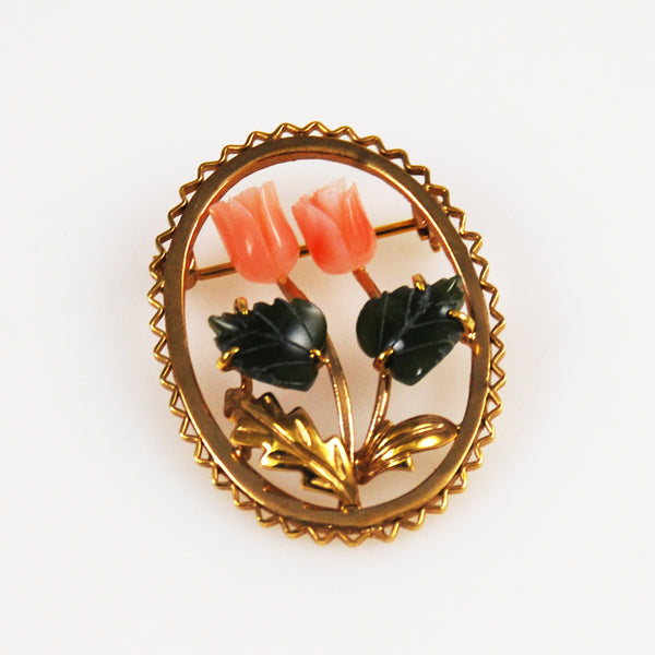 Gold Brooch with Coral and Jade – Estate Beads & Jewelry