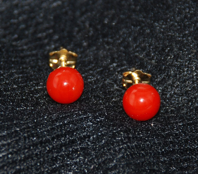 Italian Red Coral Button Earrings 14Kt Gold Posts