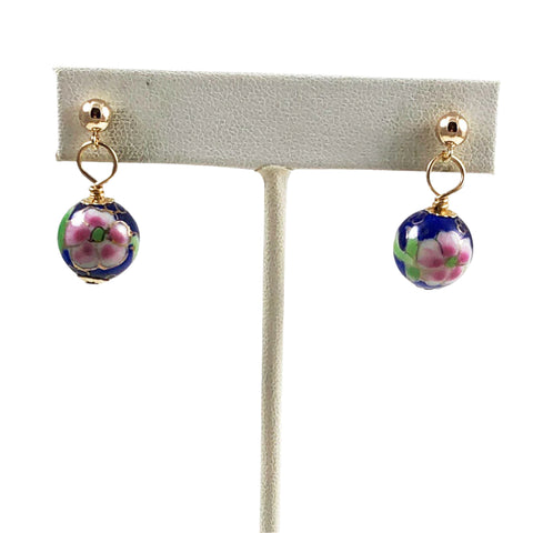 Blue Porcelain Floral Gold Filled Earrings