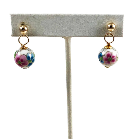 White Porcelain Floral Gold Filled Earrings