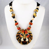 Coral Mosaic Lion Pendant Necklace Vintage