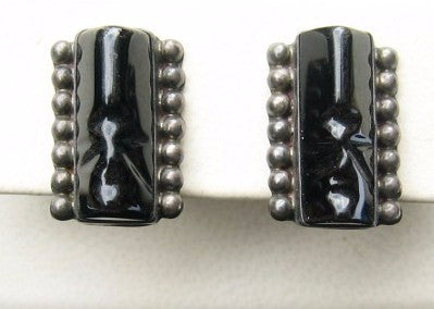 Sterling Mexican Obsidian Mask Earrings Vintage 1930's