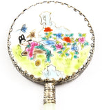 Close up of Oriental Painted Porcelain Hand Mirror with Geisha Girl Scene 