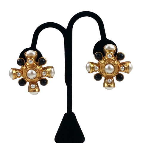 Large Gold Pearl & Onyx Clip On Earrings Vintage