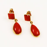 Italian Red Coral Tear Drop Earrings 18Kt Gold