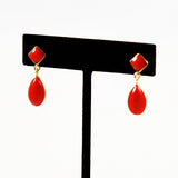 Italian Red Coral Tear Drop Earrings 18Kt Gold