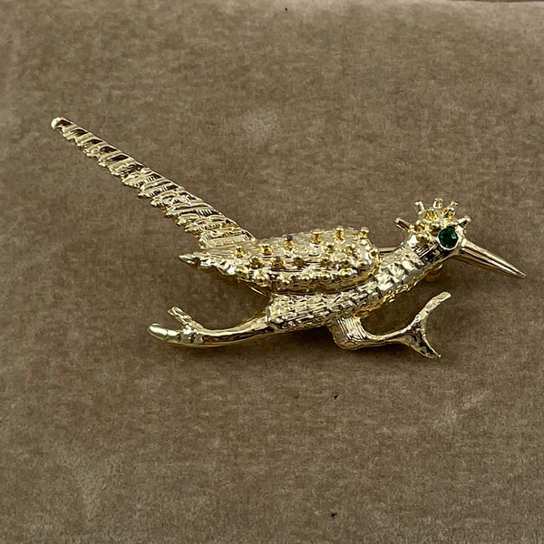 Gold Roadrunner Brooch Vintage Estate Beads Jewelry