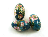 Cloisonne Teal Blue Oval Beads Vintage Chinese 24 x 15mm