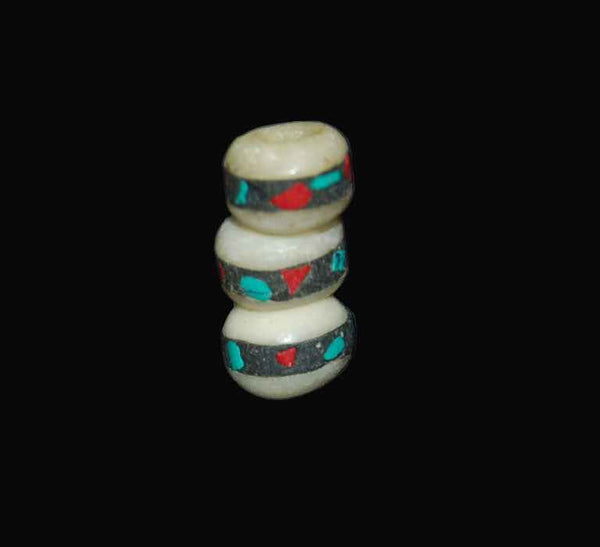 Tibetan Turquoise and Coral Inlaid Bone Beads (12) - Estate Beads