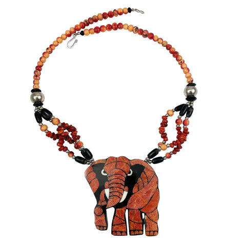Lee Sands Coral Mosaic Elephant Pendant Necklace Vintage