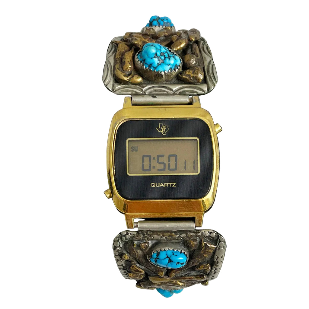 Texas Instruments Gold Quartz Watch TI3H Men's Turquoise Band