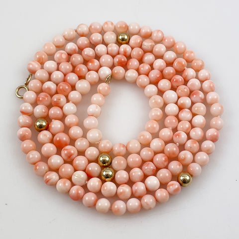 Pink Coral & 14K Gold Long Necklace Vintage