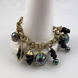 Black Glass & Gold Charm Bracelet Vintage