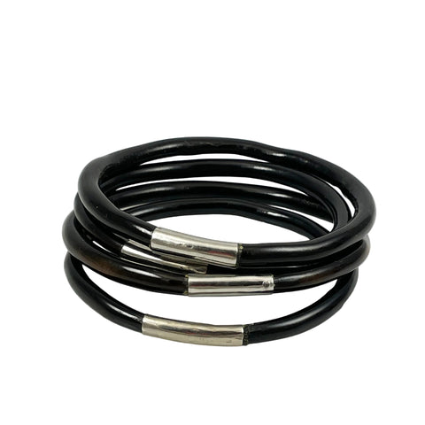 Black Coral & Silver Bangle Bracelet Vintage Hawaiian