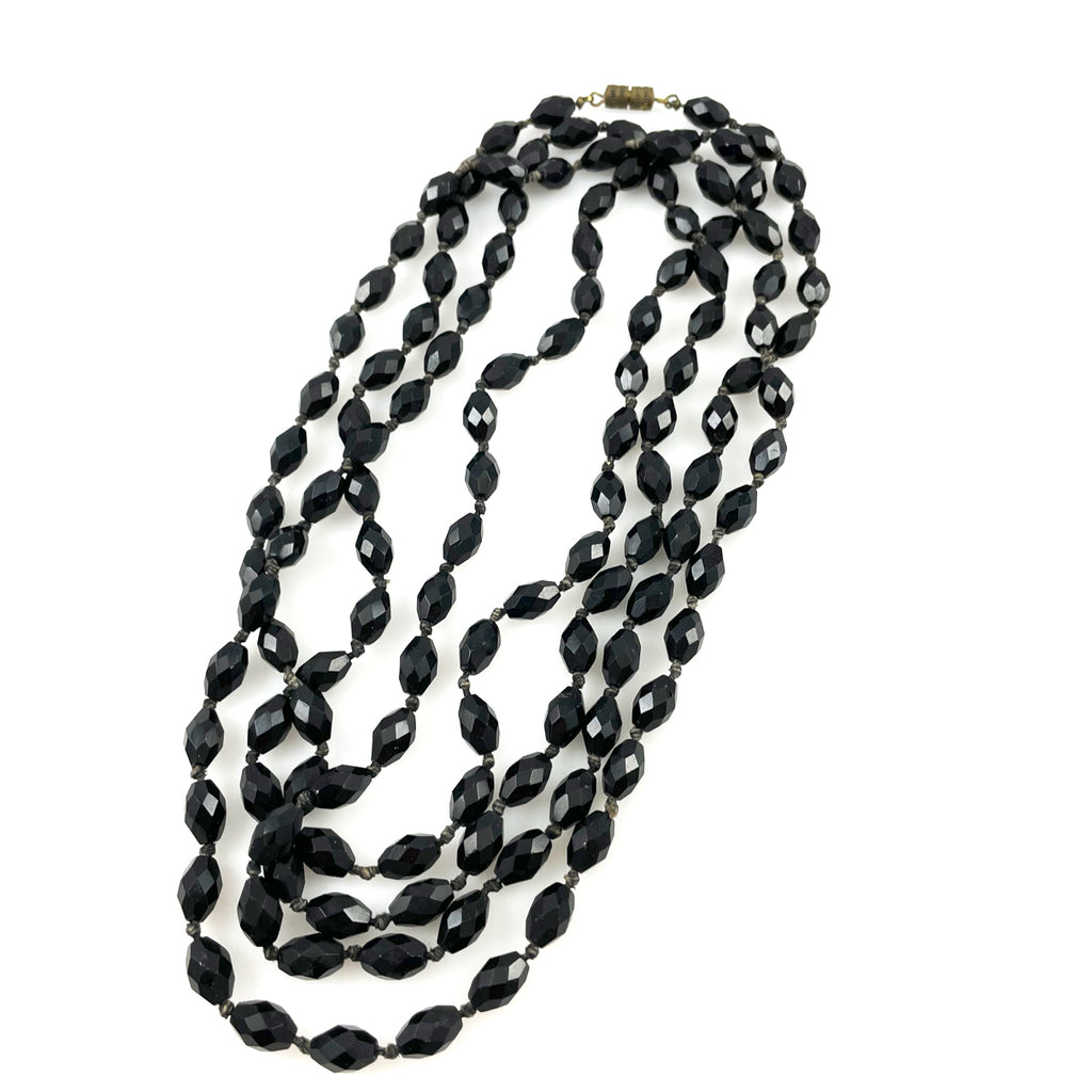 Art Deco Black Glass Beaded Flapper Necklace