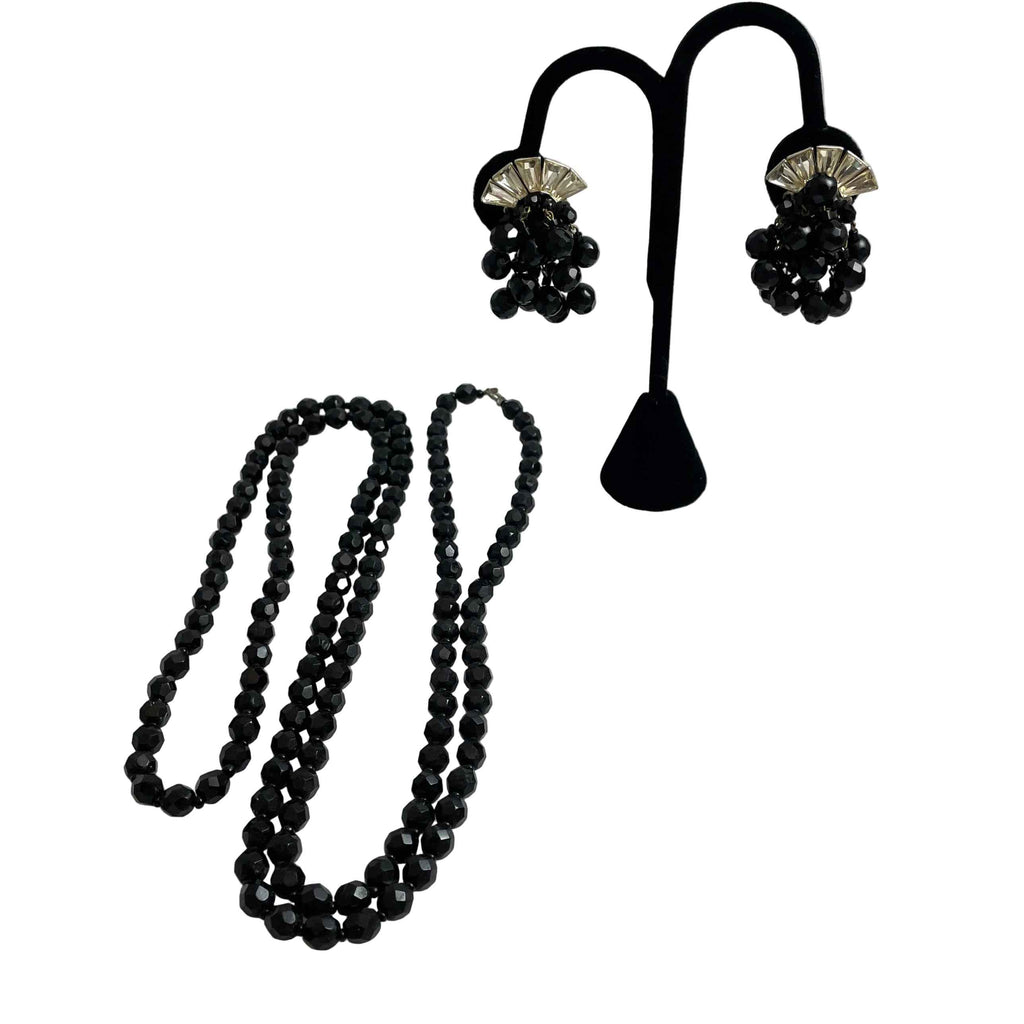 Black Faceted Crystal Necklace  & Earring Set 1950's Vintage