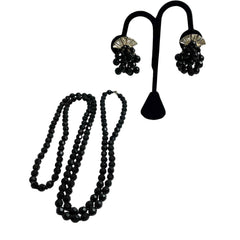 Black Faceted Glass Necklace  & Earring Set 1950's Vintage