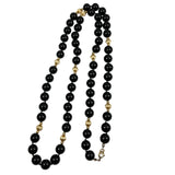 12mm Black Onyx & Gold Beaded Necklace Extra Long 38"