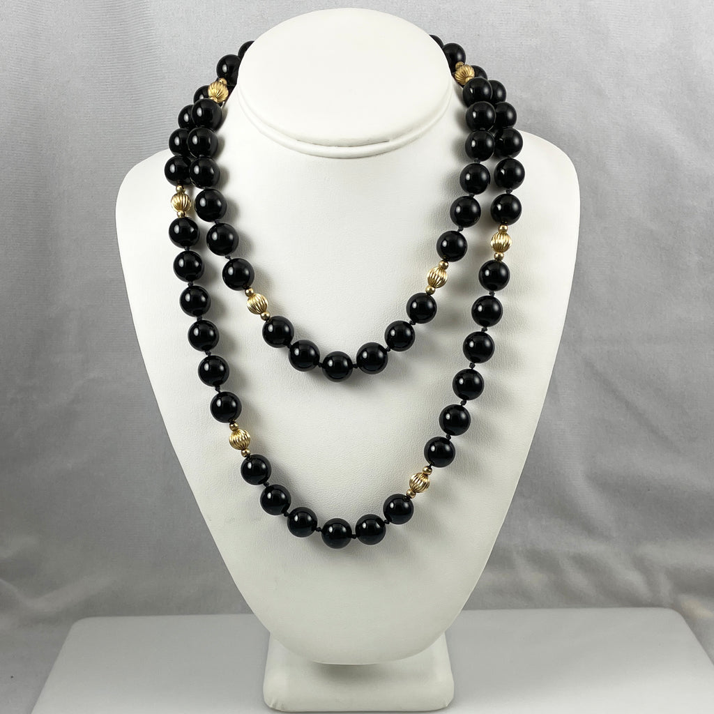 12mm Black Onyx & Gold Beaded Necklace Extra Long 38"