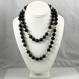 12mm Black Onyx & Gold Beaded Necklace Extra Long 38"