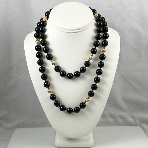 12mm Black Onyx & Gold Beaded Necklace Extra Long 38"