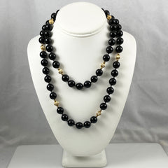 12mm Black Onyx & Gold Knotted Bead Necklace Extra Long 38"