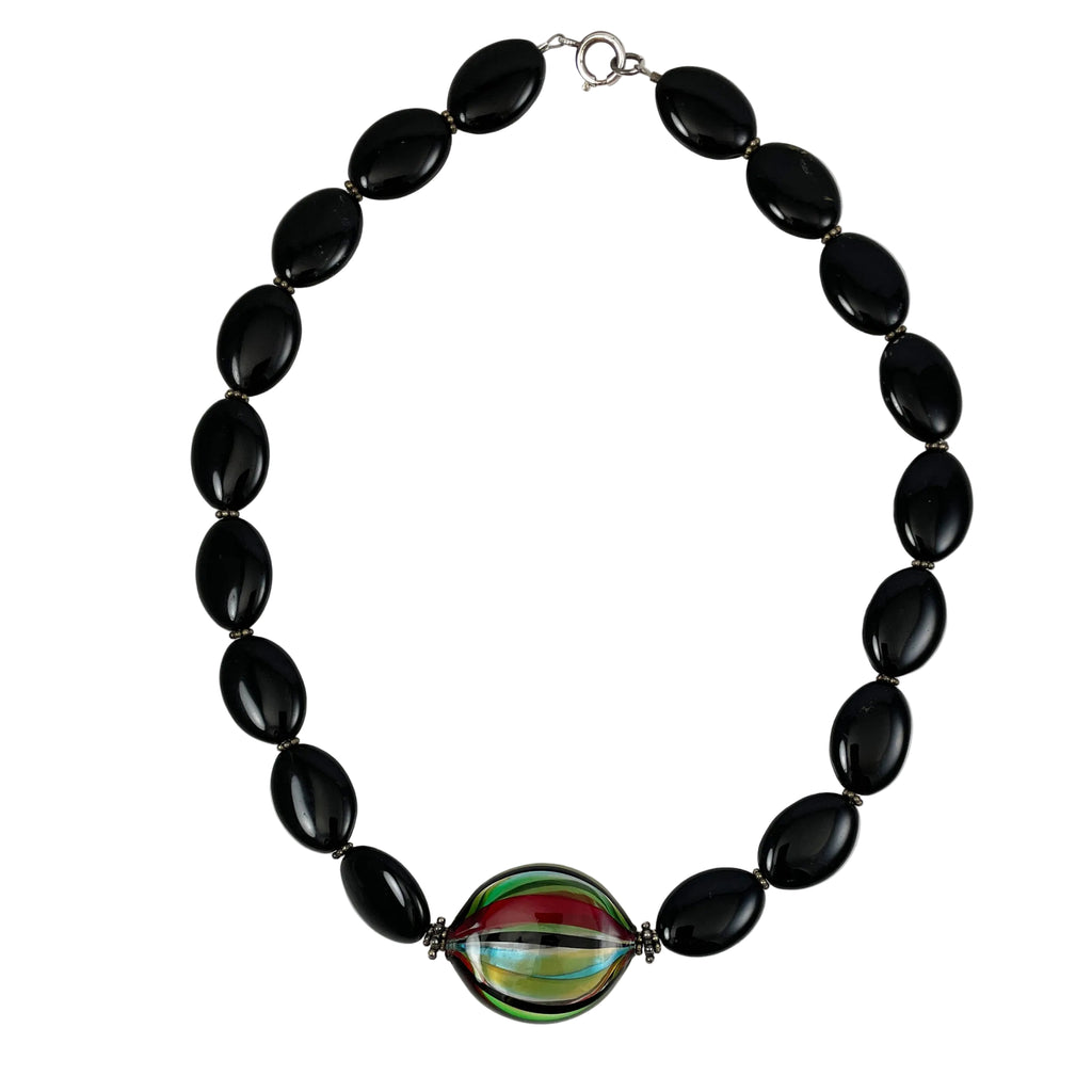 Black Onyx Gemstone & Glass Beaded Necklace