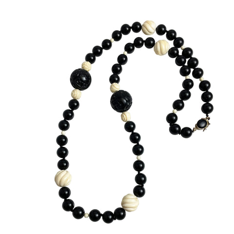 Carved Ivory & Black Onyx Necklace Long Vintage