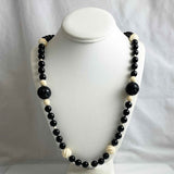 Carved Ivory & Black Onyx Necklace Long Vintage