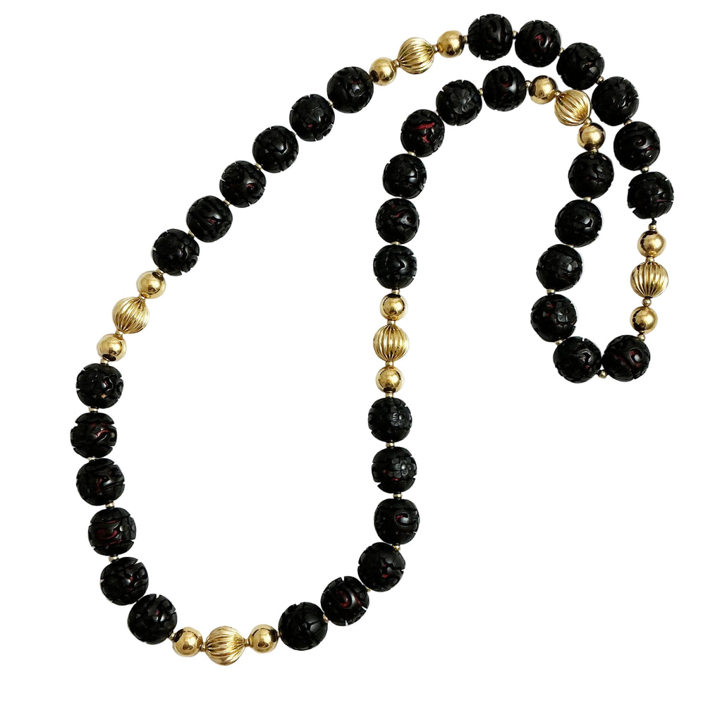 Long Black Red Gold Cinnabar Necklace Vintage