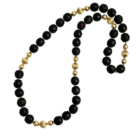 Long Black Red Gold Cinnabar Necklace Vintage