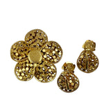 Gold Plated Black Diamond Rhinestone Brooch & Earrings 1950's Vintage